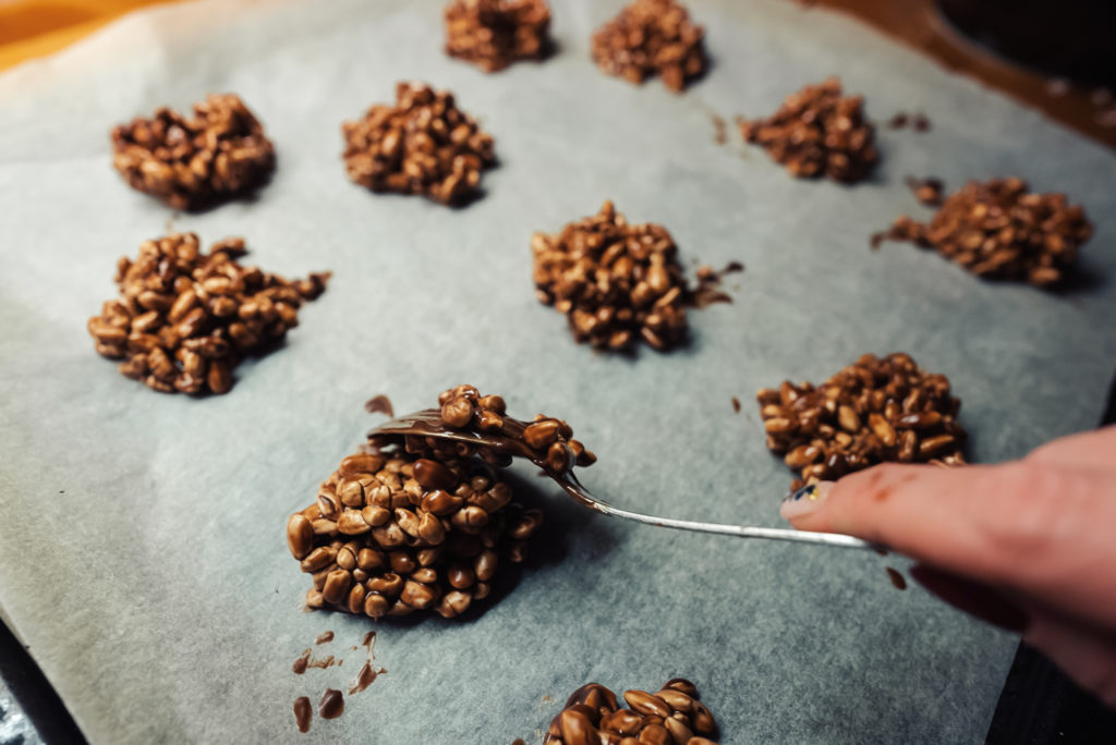 making Norwegian risboller, or chocolate puffed rice balls
