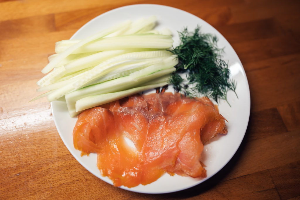 norwegian pancake filling: smoked salmon, cucumber, dill
