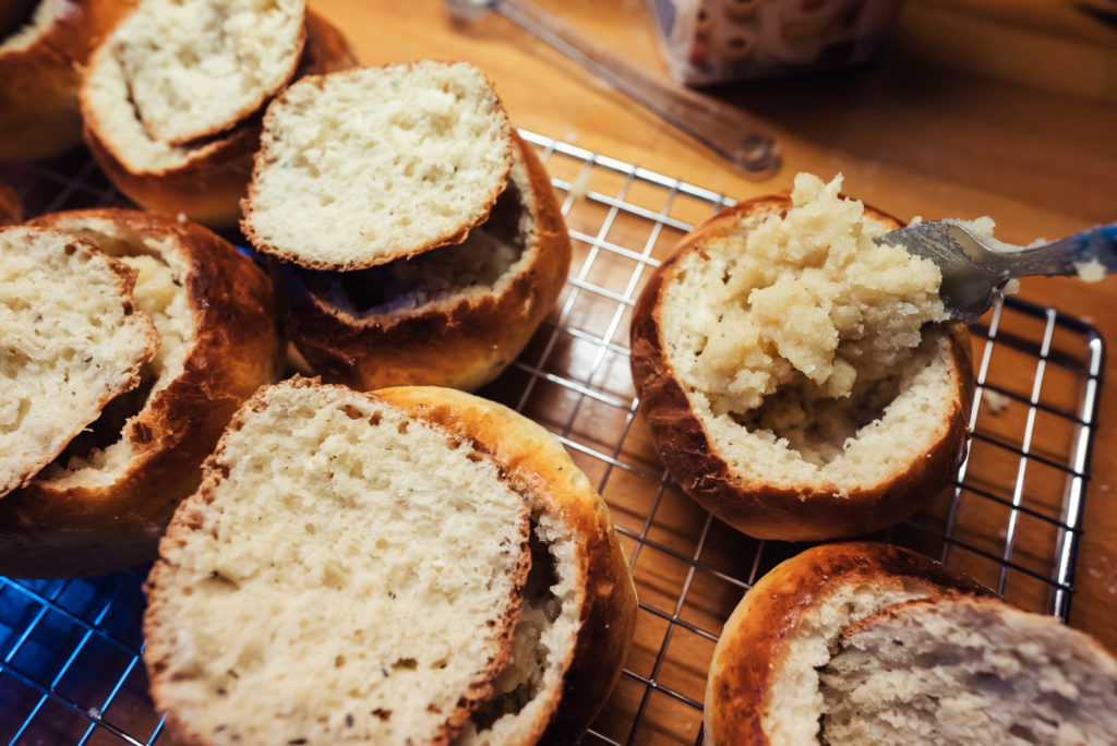 filling fastelavnsboller with almond paste