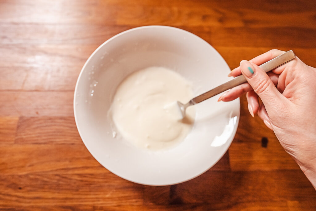 mixing skagenröra dressing for toast skagen