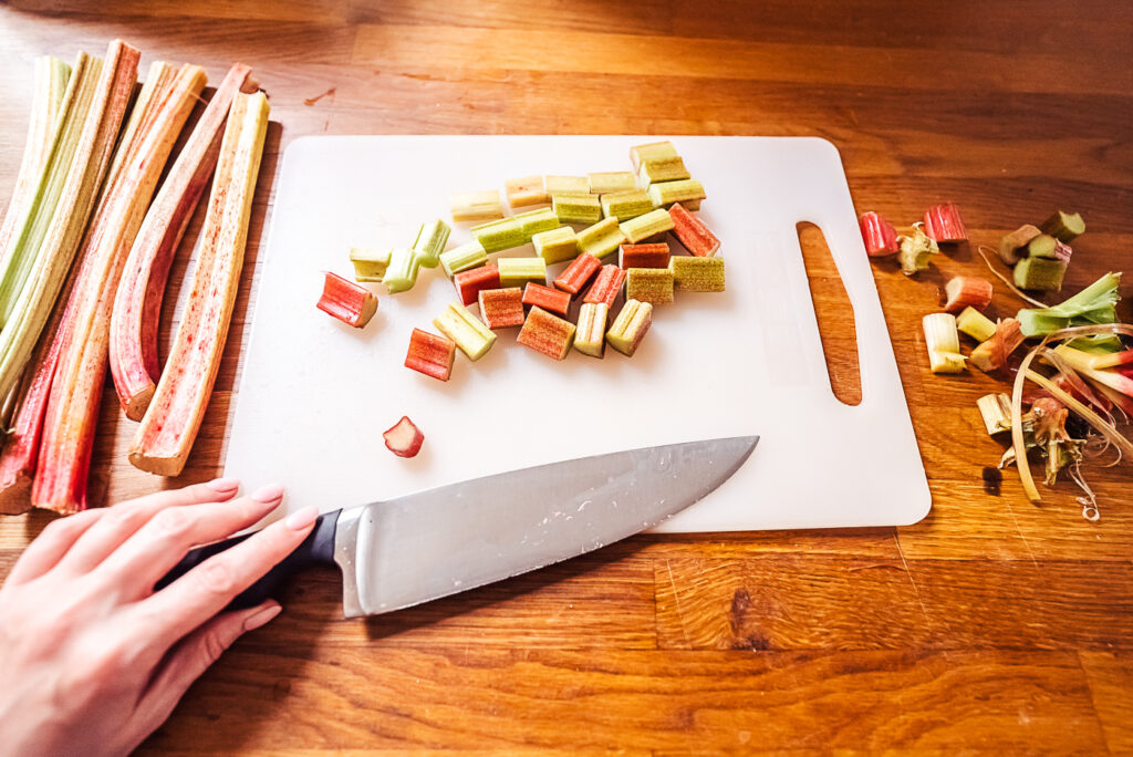 chopping rhubarb