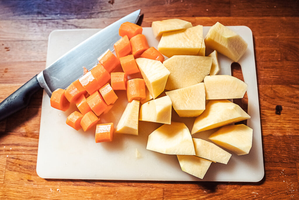 chopped rutabaga and carrots