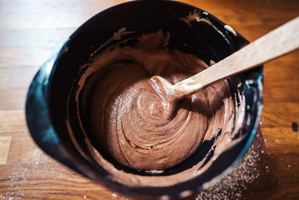 chocolate cake batter in mixing bowl