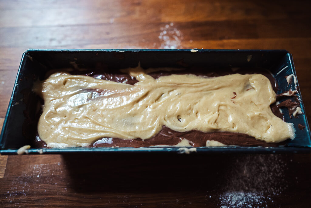 tiger cake batter in pan