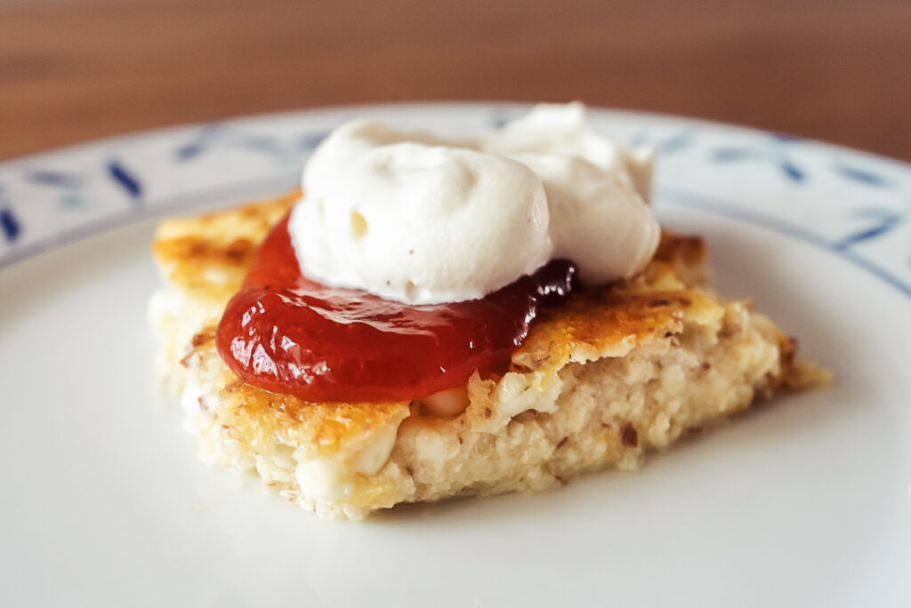 ostkaka Swedish cheese cake with jam and whipped cream
