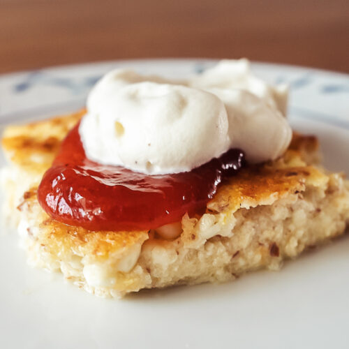 ostkaka Swedish cheese cake with jam and whipped cream