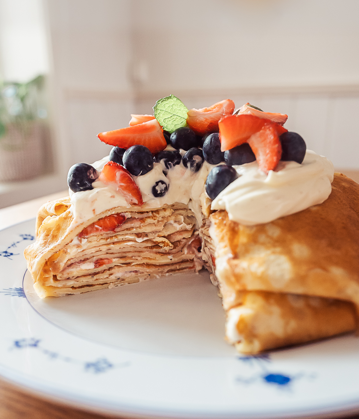 Pannkakstårta, Swedish pancake cake topped with cream and berries