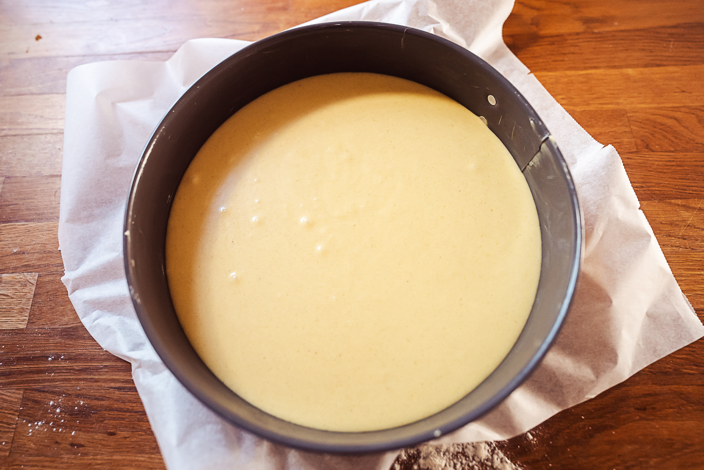Swedish apple cake batter in spring form pan