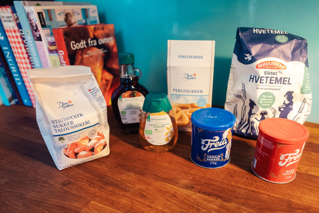 the ingredients for swedish butter cookies set out on a counter