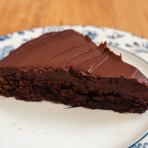 slice of kladdkaka chocolate cake with dark chocolate ganache
