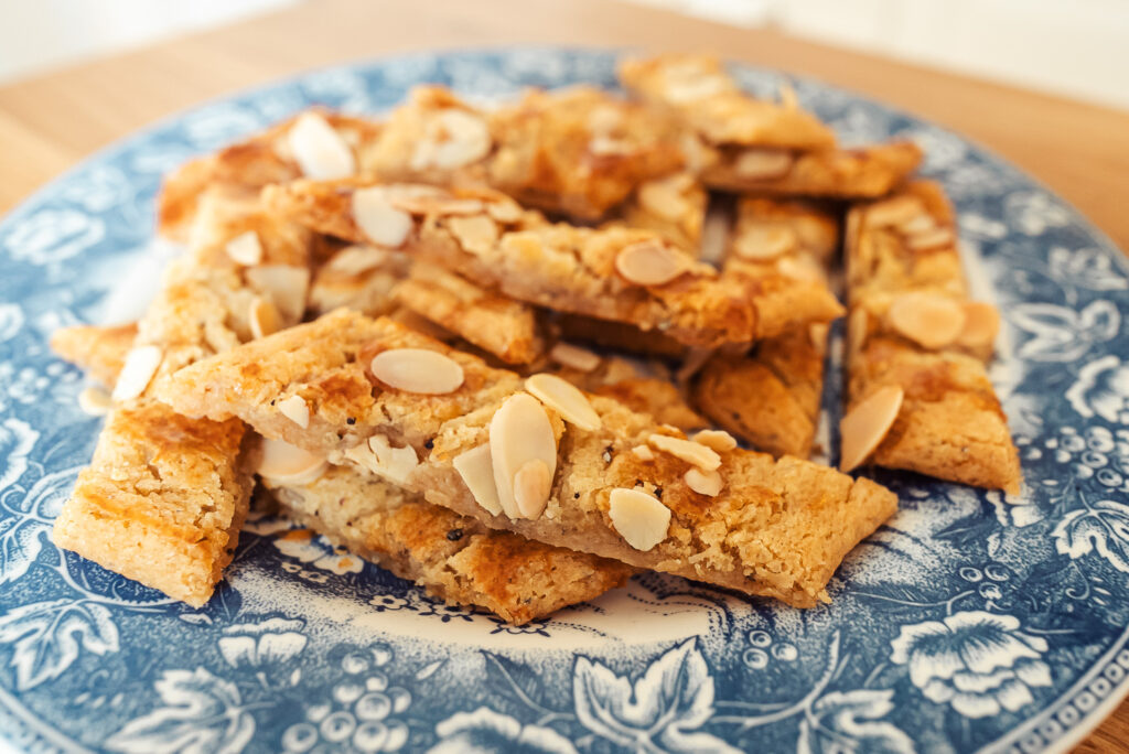 Scandinavian almond bars on a blue plate