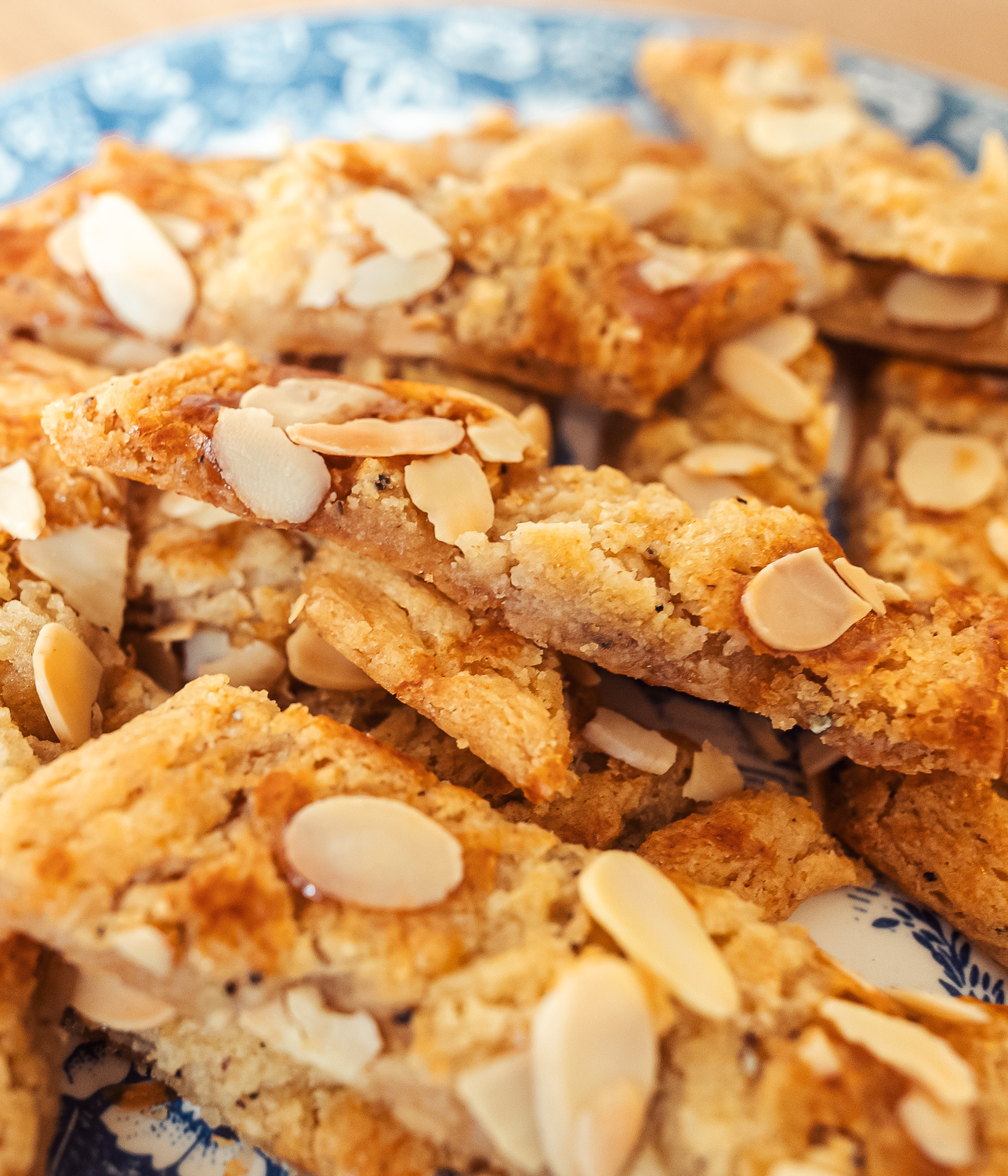 Scandinavian almond bars on a blue plate