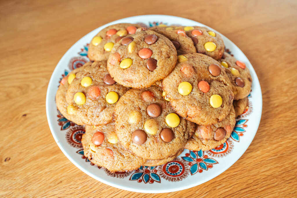 Norwegian brown cheese cookies with Reese's pieces peanut butter candies