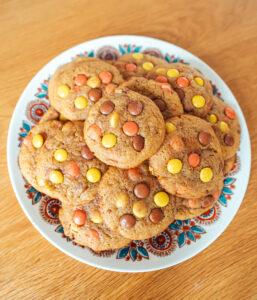 Norwegian brown cheese Reese's pieces cookies on a plate