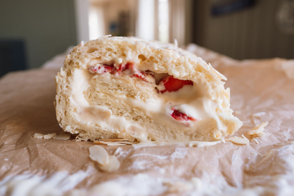 Norwegian budapest roll cake with vanilla cream and berries