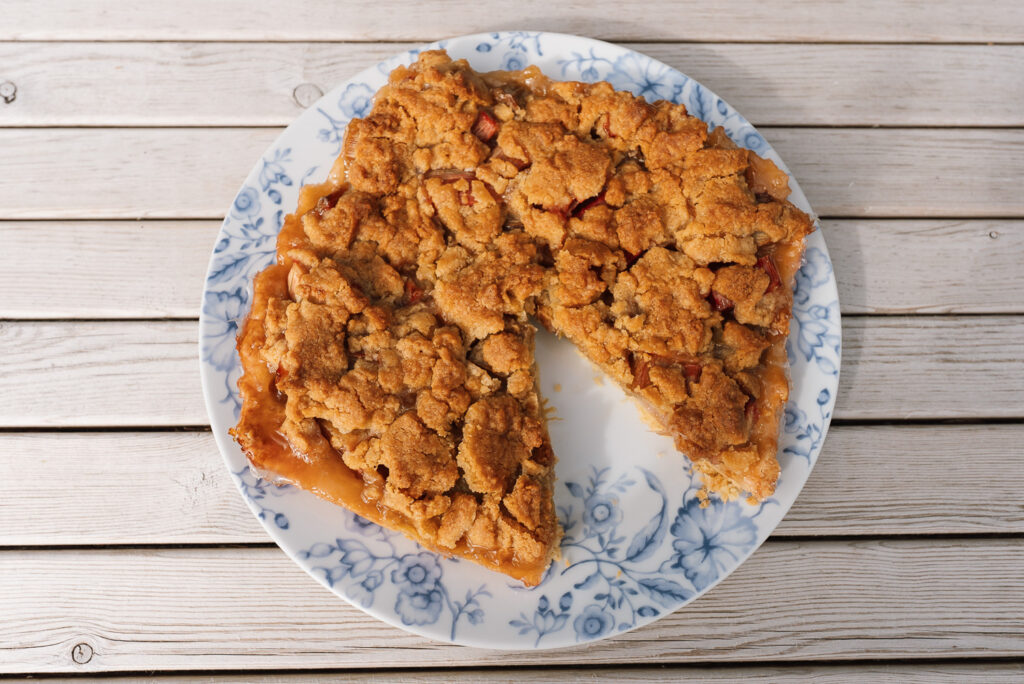 Norwegian rhubarb pie on a plate