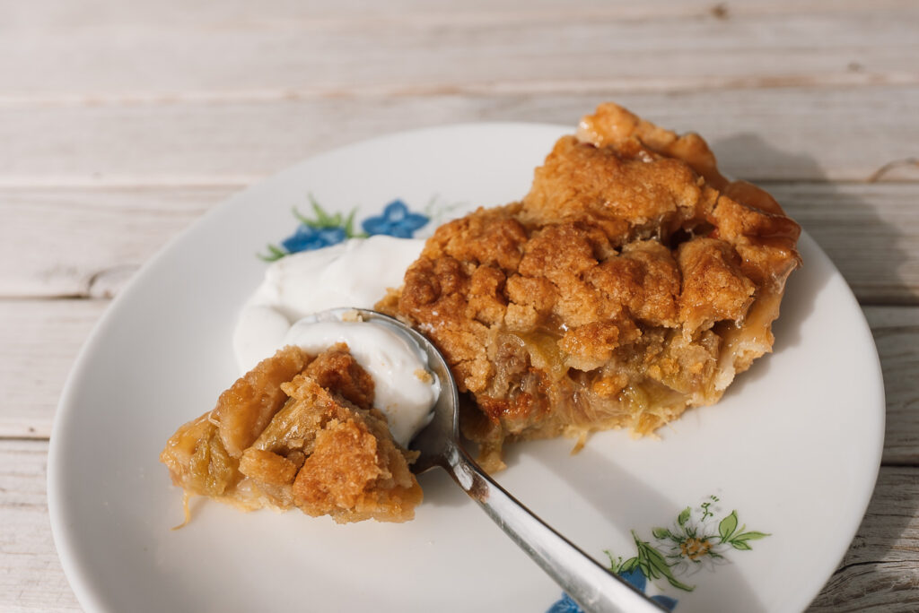 slice of rabarbrapai (Norwegian rhubarb pie) on a plate
