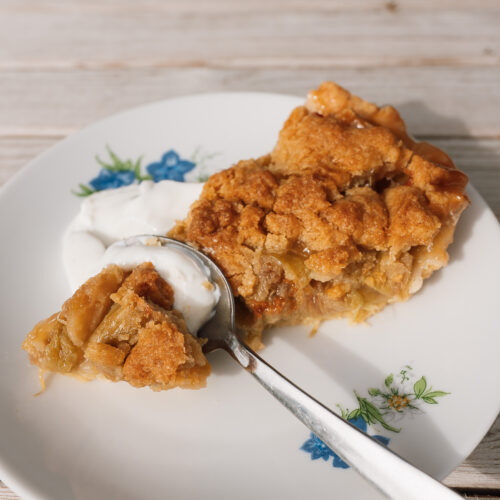 slice of Norwegian rhubarb pie on a plate
